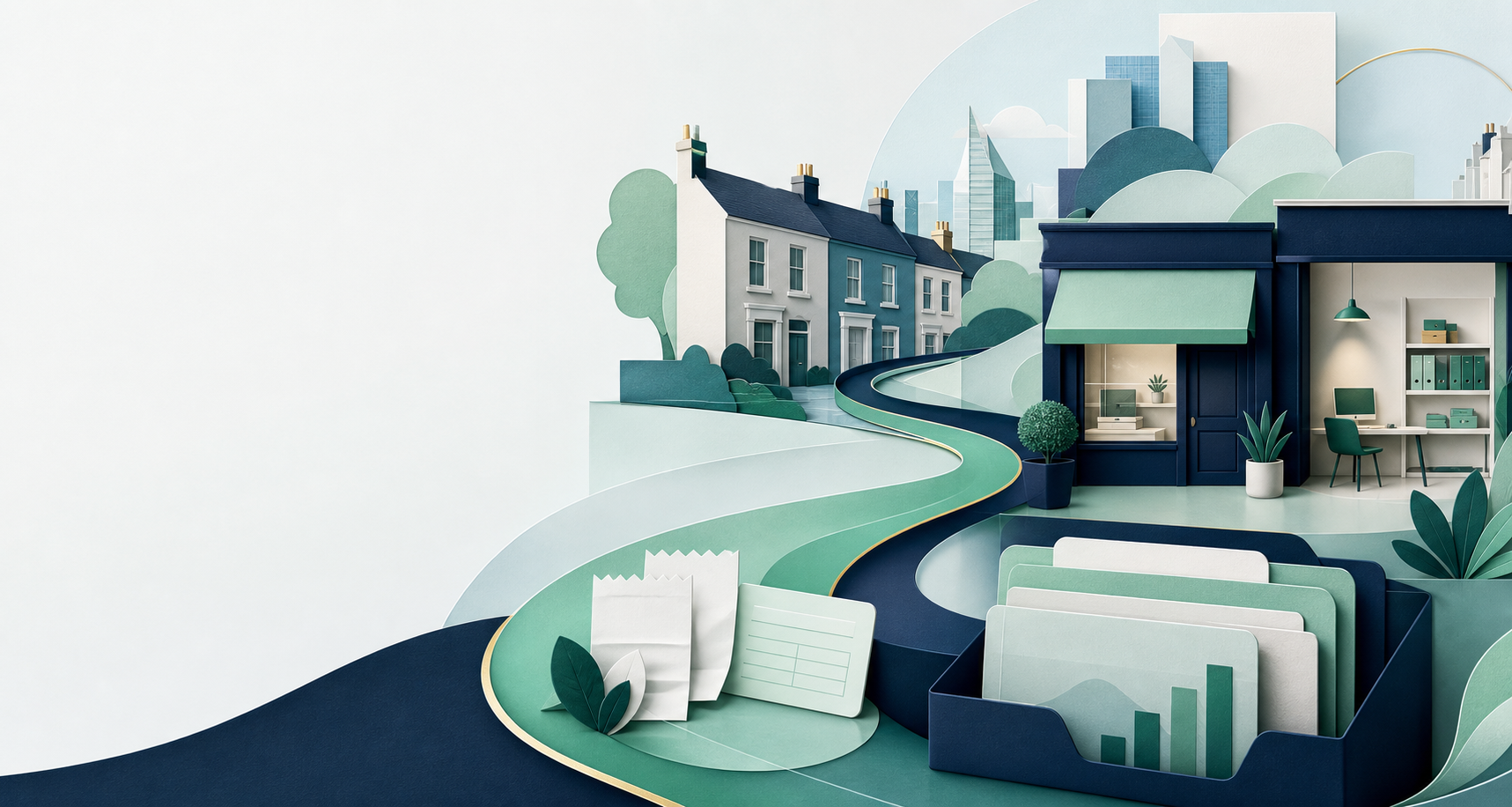 A connected flow linking homes, a small business and organised financial records